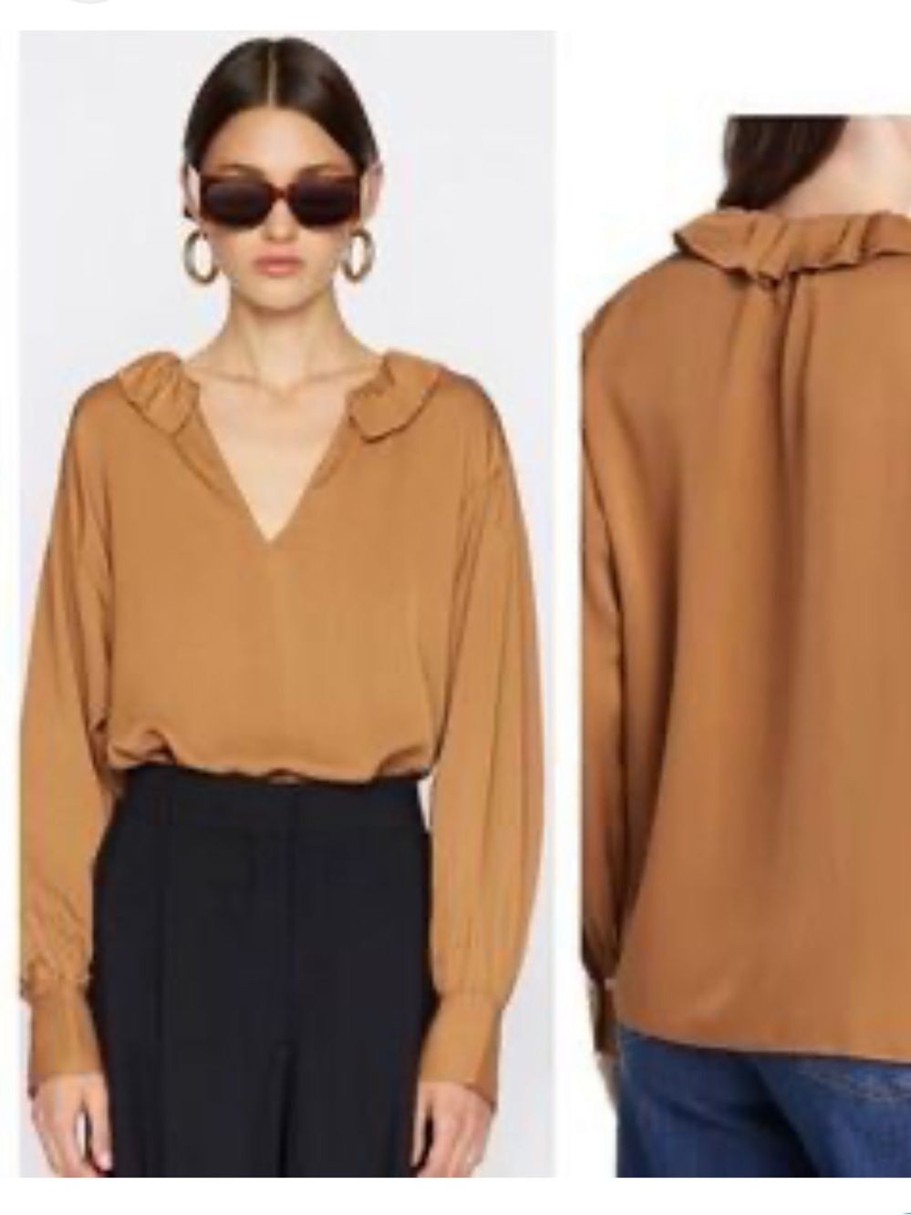 Frame Denim Ruffle V-Neck Blouse in Caramel Brown 100% silk - Picture 6 of 7